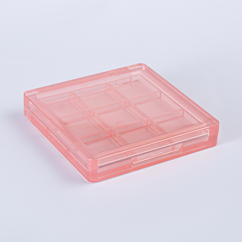 Linda paleta de sombras de ojos transparente rosa de 9 paneles - Estuche de maquillaje cuadrado transparente