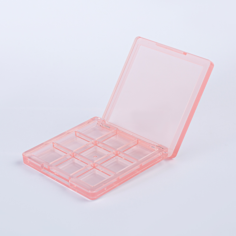 Linda paleta de sombras de ojos transparente rosa de 9 paneles - Estuche de maquillaje cuadrado transparente