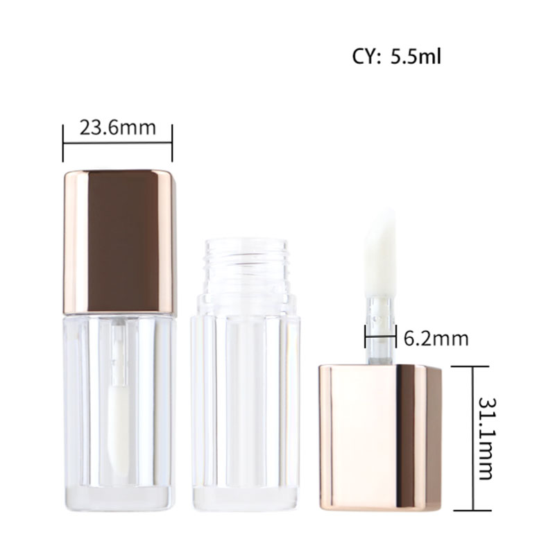 Tubo de brillo labial de oro rosa – cuerpo transparente y tapa metálica