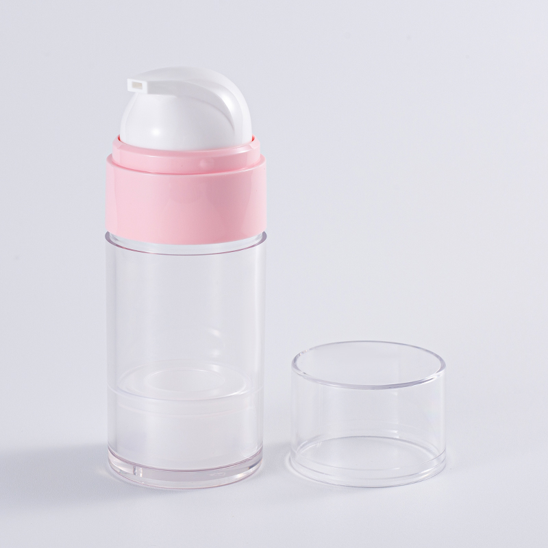 Tarro de crema sin aire totalmente transparente con anillo decorativo rosa
